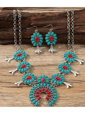 NWT Turquoise Coral Mosaic Squash Blossom Necklace Earring Western Set
